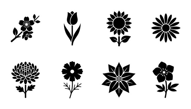 Minimalist black flower icons set, floral silhouette vector collection, 8 botanical blossom symbols for logo design and web interface