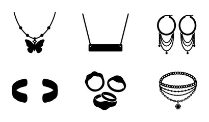 Minimalist jewelry icon set, black silhouette fashion accessories vector, elegant butterfly necklace and hoop earrings collection, 6 luxury jewelry elements © Jakir