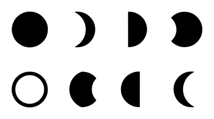 Minimalist moon phases icon set, black lunar cycle silhouettes, celestial astronomy vector elements, 8 moon stage symbols for calendar design © Jakir