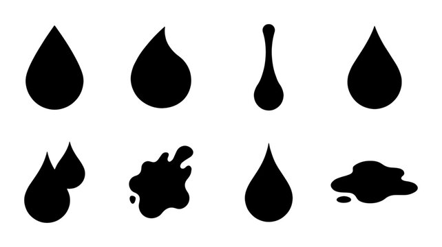 Black water drop icons set, liquid droplet silhouettes and splash vector elements, minimalist oil and ink drip collection for logo design