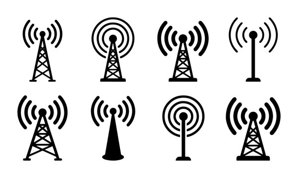 Radio tower icon set with 8 vector elements, telecommunication antenna symbols, wireless signal transmitter signs, cellular network broadcast towers
