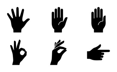 Obraz premium Minimalist hand gesture icons set, black silhouette human hand symbols, 6 vector elements showing palm and finger signs for interface design
