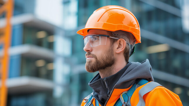 Construction workers wearing safety equipment while working at height on an industrial project, fall protection and safety harness concept, defocused background, with copy space