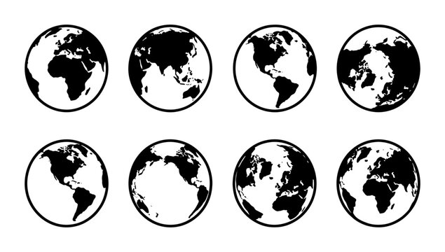 Minimalist world globe icons set, black and white earth sphere vector collection, 8 global map symbols showing different continents and perspectives