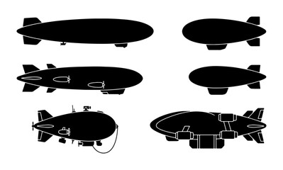 Vintage airship silhouette collection, set of 6 dirigible and zeppelin vector icons, retro steampunk flying machines for aviation design © Lamiya
