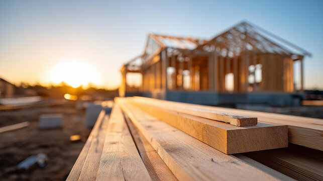 Aerial view of a house frame being built at a construction site at sunset with wooden floors and walls visible, residential construction concept, defocused background, with copy