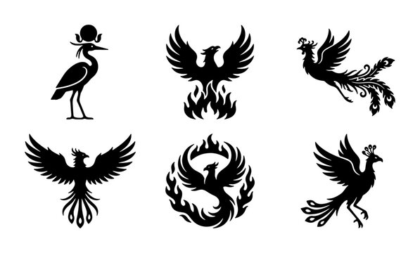 Mythical phoenix bird silhouettes set, ancient firebird icons collection, 6 black vector phoenix symbols for logo design and tattoo art