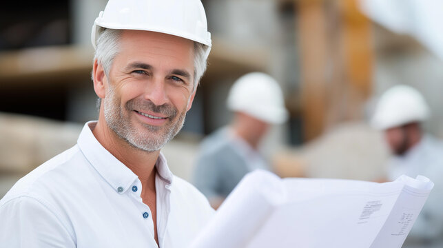 Happy foreman working at a construction site, senior worker project designer and team leader concept, defocused background, with copy space