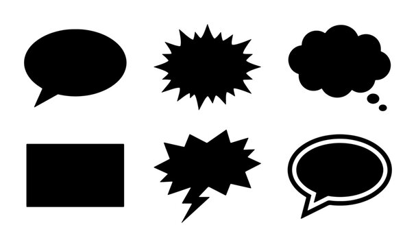 Comic speech bubbles set, black silhouette talk clouds and thought balloons, 6 vector chat icons for graphic design and social media communication