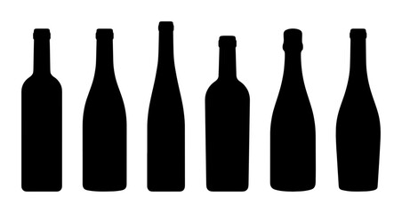 Black wine bottle silhouettes set, collection of 6 glass alcohol bottle shapes, minimalist beverage container vector icons for winery branding © Lamiya