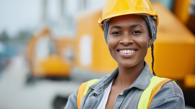 Female construction worker in PPE wearing a bright smile at a work site, professional pride and inclusive industry concept, defocused background, with copy space