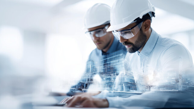 Future building construction engineering project concept with a double exposure graphic design of engineers and civil equipment, architectural technology concept, defocused
