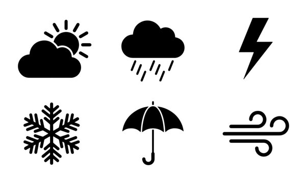 Minimalist weather icon set, black flat vector symbols for meteorology forecast, 6 climate elements including rain cloud and sun