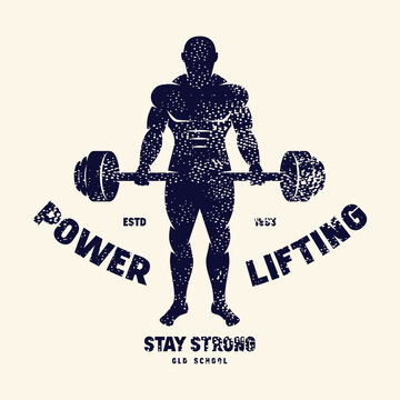 Sport emblem with powerlifter silhouette. Graphic design with rough texture for t-shirt. Black print on white background