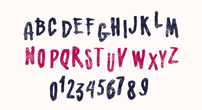 Handwritten brush sans serif font in grunge style. Letters and numbers with rough texture for emblem and t-shirt design. Color print on light background
