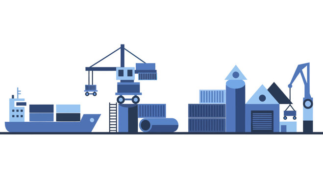 Cargo ship and port cranes loading containers at a busy dock.