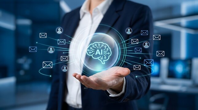 Conceptual headless professional in tailored navy suit holding glowing AI neural network sphere managing global digital communications and automated email workflow in blurred office environment.