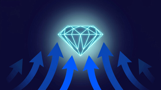A glowing blue diamond icon surrounded by multiple upward pointing arrows on a dark background