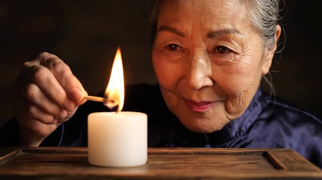 A woman lights a white candle in a softly darkened room, the flame glowing warmly in her eyes in a serene and intentional moment of stillness.