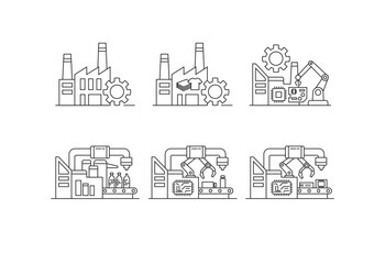 Naklejka premium Industrial factory and manufacturing plant icons set for circular economy, recycling and production processes in black contour style