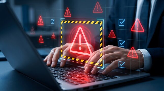 Cinematic close up of businessman hands on laptop keyboard surrounded by glowing red virtual cybersecurity alert icons and hazard notifications in a dark digital workspace environment.