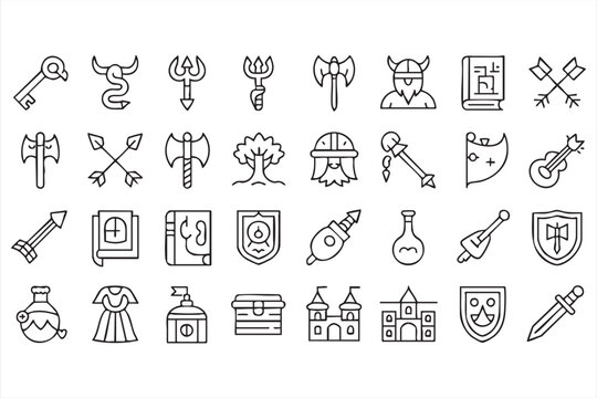 Fantasy Game Icon Set, Swords, Axes, Shields, Magic Potion, Castle Symbols