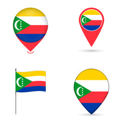 Naklejka premium Comoros Flag Map Pin Icons Set Collection.