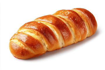 Fototapeta premium Golden braided sweet bread loaf isolated on white background. Fresh bakery pastry with glossy crust, homemade breakfast bread, delicious baked food product photography.