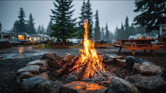 Campfire burning in stone ring at misty forest RV park