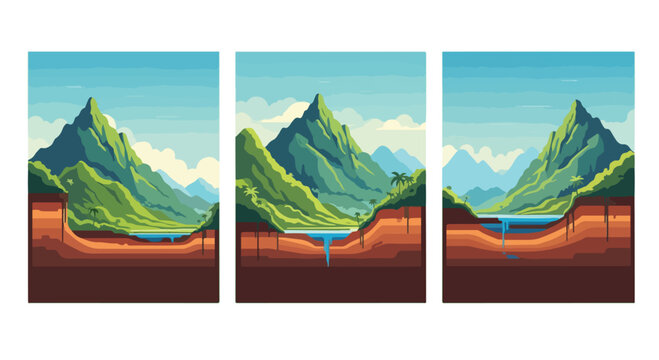 Set of three vector graphic illustrations showing mountain landscapes with detailed geological cross section soil layers