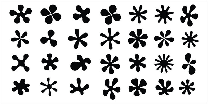 Assortment of black abstract blob and star shapes with varying numbers of points asterisk