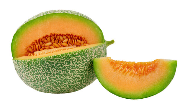 Halved Cantaloupe Melon with Seeds and Slice, Orange and Green