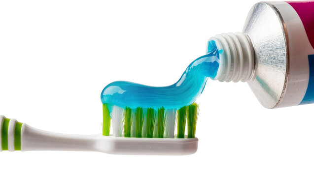 Blue toothpaste dispensing onto white bristled toothbrush