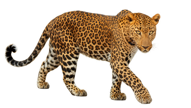Spotted leopard walking with focused gaze and long tail