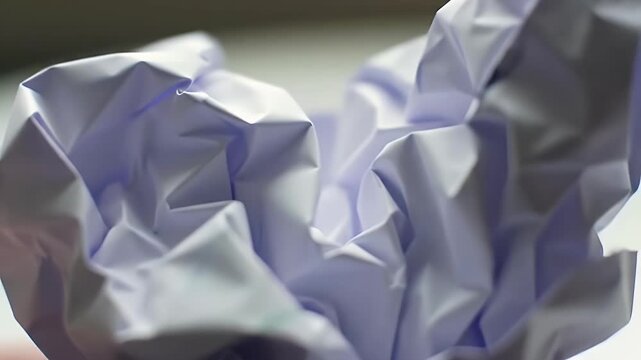 Close-Up Image of Crumpled White Paper with Subtle Purple Tones and Prominent Creases