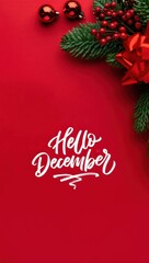 Naklejka premium Hello December lettering on red background with Christmas decorations, winter holiday greeting card with fir branches berries and gift ribbon seasonal celebration