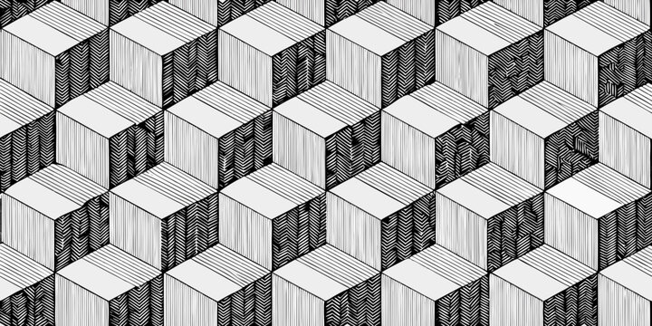 Intricate pattern of interlocking cubes creates a visually compelling optical illusion