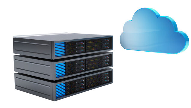Stacked server racks with blue cloud symbol