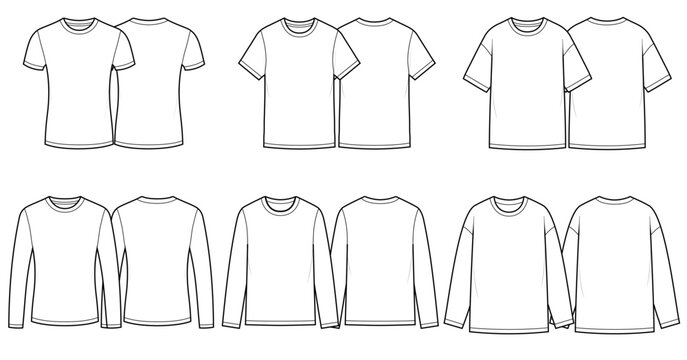 Men Basic T Shirt Flat Sketch Bundle, Short Sleeve and Long Sleeve Slim Regular Oversized Fit Front and Back