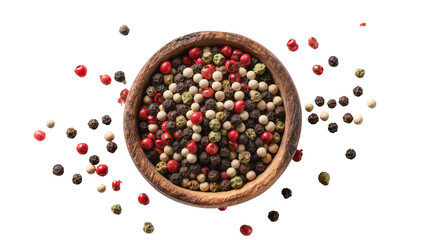 Wooden bowl filled with mixed peppercorns pink green, and black © Elena