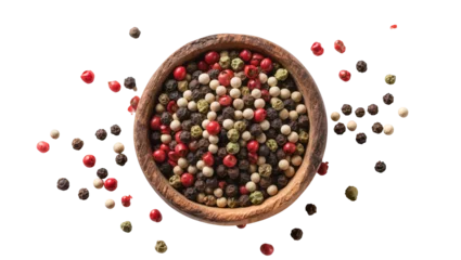 Wooden bowl filled with mixed peppercorns pink green, and black © Elena