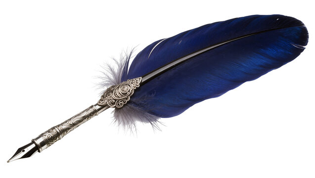 Ornate silver quill pen with vibrant blue feather