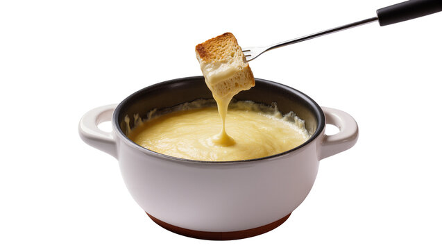 Creamy Cheese Fondue with Bread Dipped in Ceramic Pot