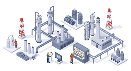 Naklejka premium Isometric Industrial Plant with Workers and Machinery.