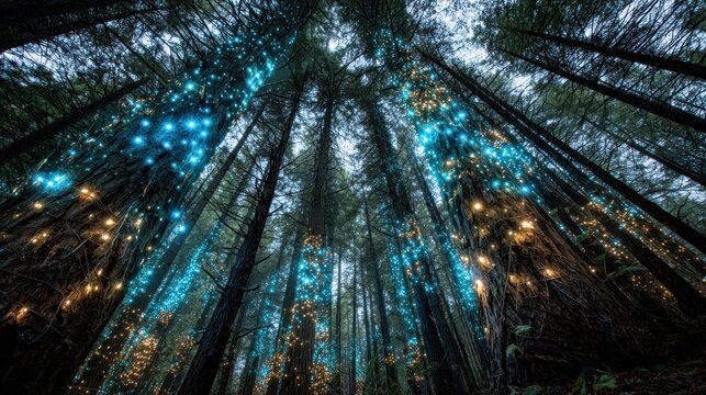 Glowworm illumination in a forest low angle view