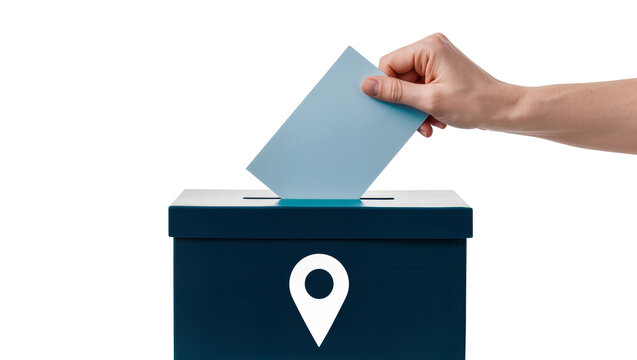 Blue Paper Dropping into Dark Blue Voting Box with White Location Pin