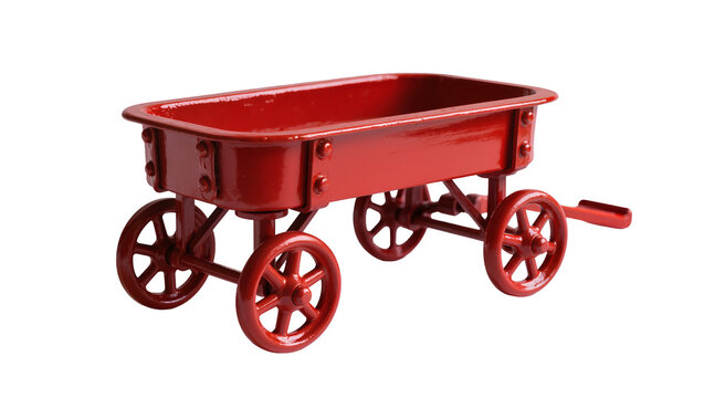 Small red toy coal mine cart with four spoked wheels