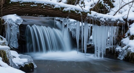 Obraz premium Winter Waterfall Scene - Icy Water Flowing Through a Snowy Landscape with Icicles.
