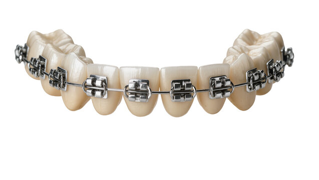 Creamy enamel teeth with silver metal orthodontic braces