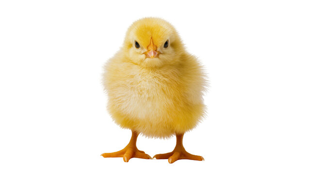 Fluffy yellow chick standing with orange beak and feet
